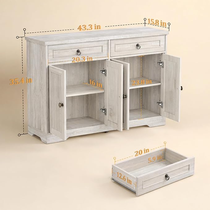43.3" Sideboard Buffet Cabinet, 4-Door Coffee Bar, Vintage White