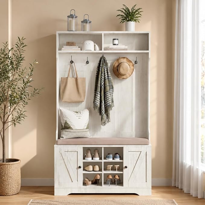 71“ White Hall Tree with Bench and Shoe Storage, 6 Adjustable Shelves,