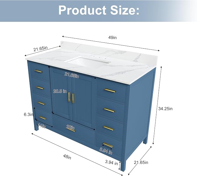 Montary 48" Bathroom Vanity with Sink & 49" Carrara Quartz Top | with 3 Pre-Drilled Faucet Holes, Solid Wood Cabinet, Soft-Close Double Doors & 9 Smooth-Glide Drawers,Blue