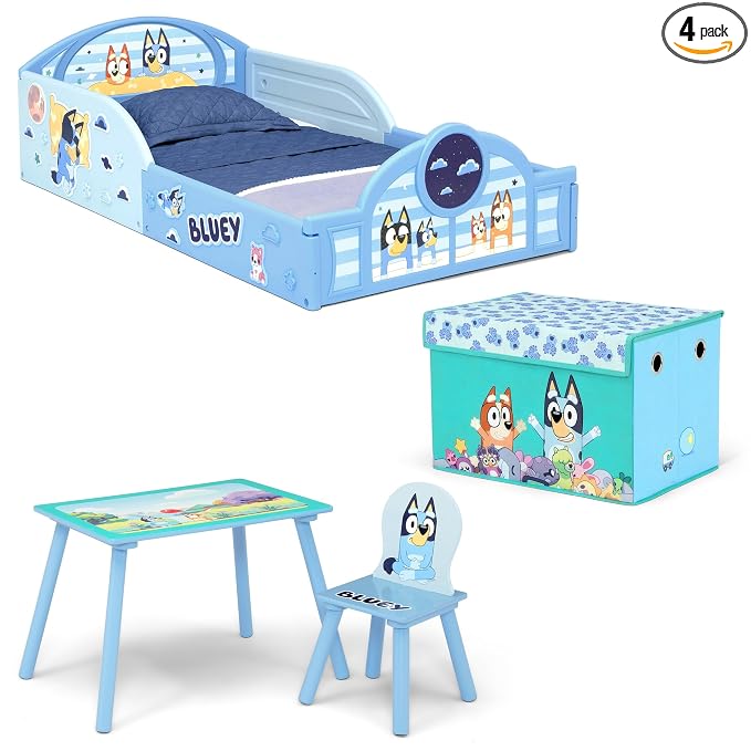 Delta Children - Bluey 4-Piece Toddler Room-in-a-Box Set – Includes Sleep and Play Toddler Bed, Table, 1 Chair and Fabric Toy Box, Blue
