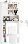 Farmhouse Over The Toilet Storage Cabinet with Barn Door, Reversible Side | 7-Tier Bathroom Organizer, Adjustable Shelves Bottom Bar, Detachable Paper Holder, Anti-Tipping, Laundry Room, White