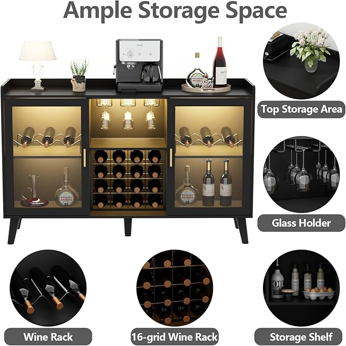 Wine Bar Cabinet with LED Light, Home Coffee Cabinet w/ Wine & Glass Holder