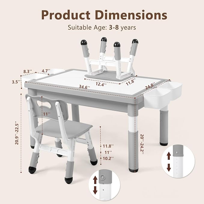Kinder King Kids Table & 2 Chairs Set, Adjustable Heights, Storage, Grey