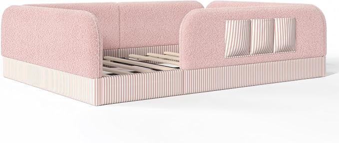 Bellemave Queen Upholstered Montessori Floor Bed with Storage Pocket,Pink