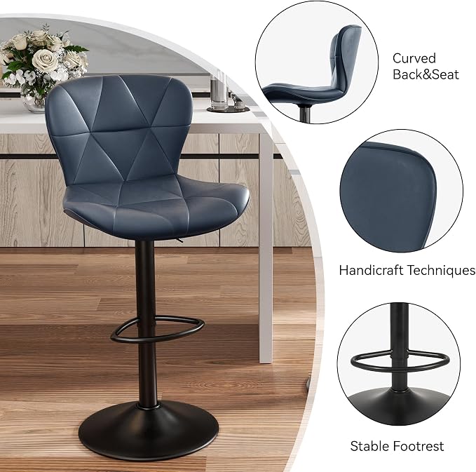 Nalupatio Modern Bar Stools Set of 2, Adjustable Faux Leather Upholstered Swivel Bar Stools, Counter Height Bar Chairs with Back for Kitchen Island, Dark Blue