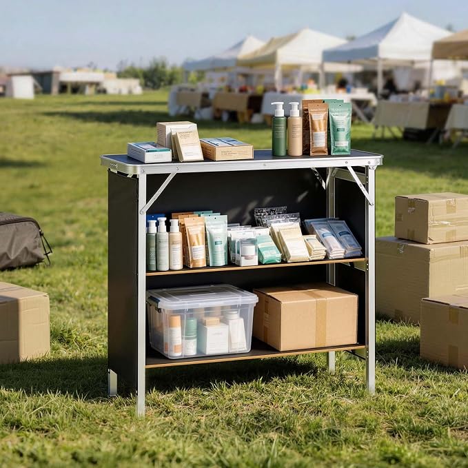 VEVOR Folding Portable Bar Table, 38.6 x 15.2 x 34.3 in, with Carry Bag, Storage Shelf, and Detachable Skirt, Quick and Easy Setup, Foldable Mobile Bartending Station for Events, Party, Tradeshow
