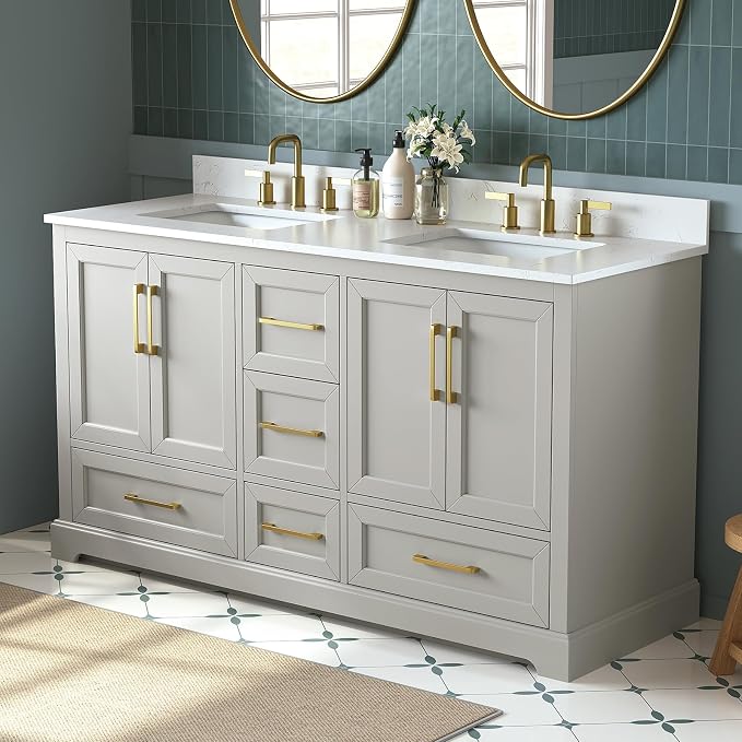 60 Inch Bathroom Vanity with Double Sink Combo, Greige | Solid Wood Frame with Marble Top & Backsplash, Fully-Assembled with 4 Soft-Closing Doors & 5 Dovetail Drawers