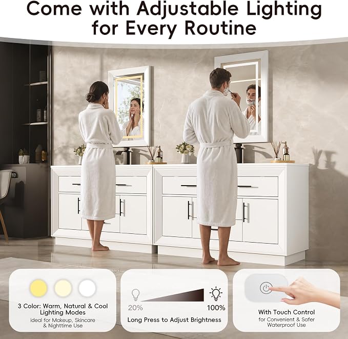 St.Mandyu 48" Bathroom Vanity w/Sink & LED Mirror & Faucet,Modern Bathroom Vanities Set w/ 3-Color Lighting, Curved Splash-Reducing Basin, Bath Vanity w/Large Storage Cabinet&Drawers,White