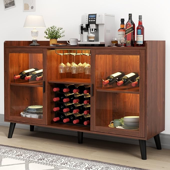 Wine Bar Cabinet with LED Light, Home Coffee Cabinet w/ Wine & Glass Holder
