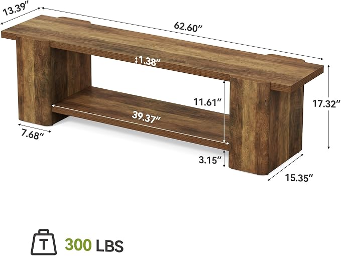 LITTLE TREE Wood Entryway Bench, 63" End of Bed Bench with Storage Shelf, Farmhouse Extra Long Shoe Bench for Entryway, Dining Room, Hallway, Living Room, Bedroom, Double-Reinforced Legs, Brown