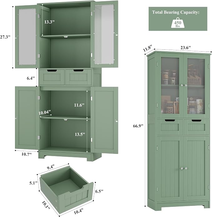 HORSTORS 67" H Bathroom Storage Cabinet, Green Linen Cabinet with Drawers | Freestanding Bathroom Cabinet with Glass Door & Shelf, Modern Tall Storage Cabinet for Bathroom, Living Dining Room, Kitchen