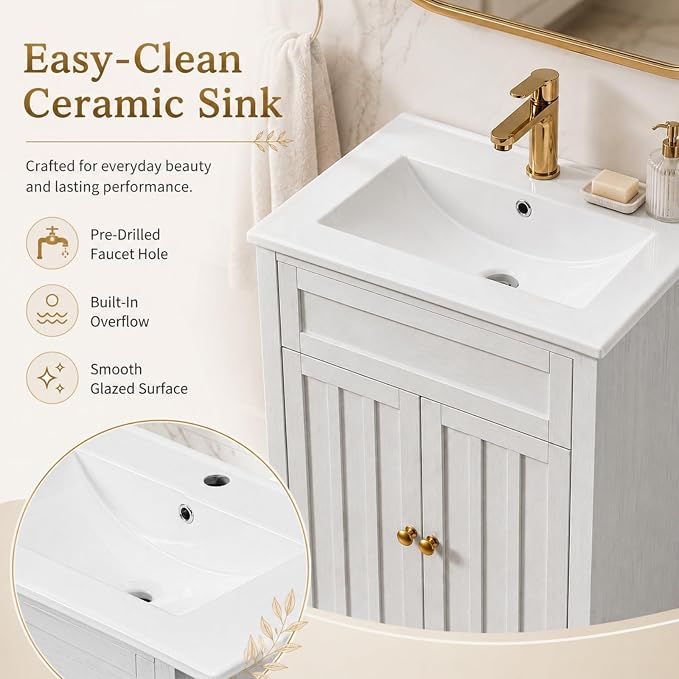 VINGLI 24 Inch Bathroom Vanity with Sink, Washed White Freestanding Farmhouse Vanity Cabinet, Single-Hole Ceramic Basin with Overflow, 2-Door Storage with U-Shaped Shelf