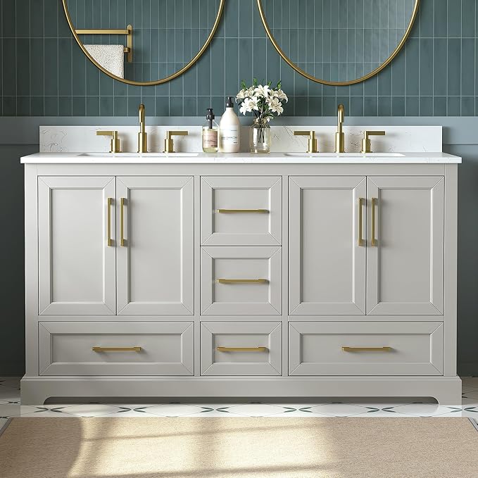 60 Inch Bathroom Vanity with Double Sink Combo, Greige | Solid Wood Frame with Marble Top & Backsplash, Fully-Assembled with 4 Soft-Closing Doors & 5 Dovetail Drawers
