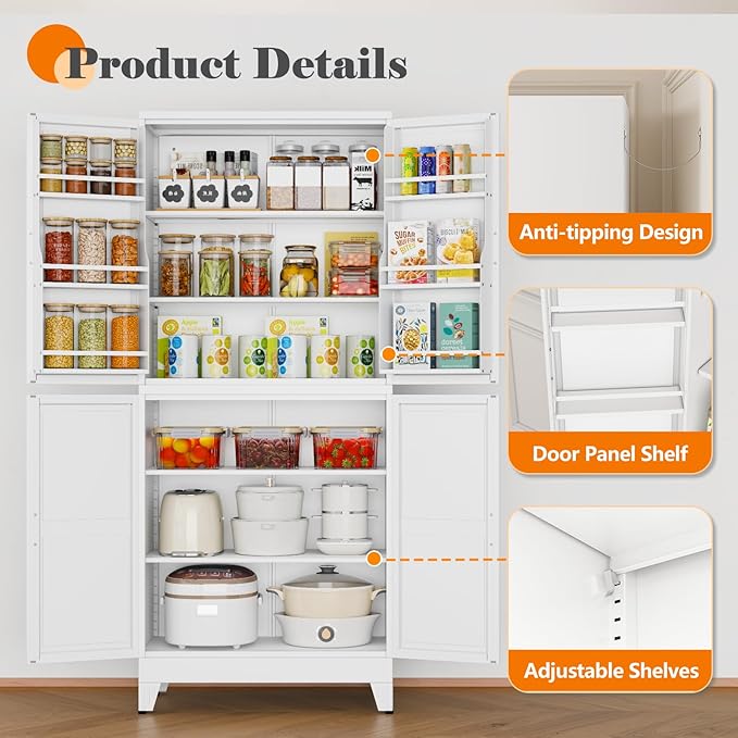 GAIOUS 74.8" Tall Metal Food Cabinet, White Kitchen Pantry Cabinet | Storage Cabinets with 4 Door and 4 Adjustable Shelves, Steel Freestanding Cupboard for Kitchen Dining Living Room Bathroom