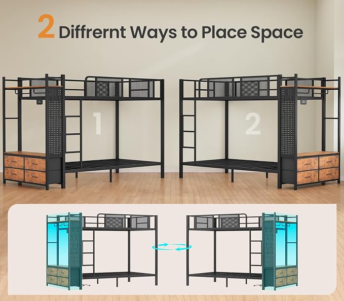 Itaar Metal Bunk Bed Twin Over Twin with Hall Tree, Power Outlet, LED Bunk Bed with 4 Storage Drawers, Bed with Safety Guardrail & Ladders, No Box Spring Needed, Easy Assembly, Rustic Brown