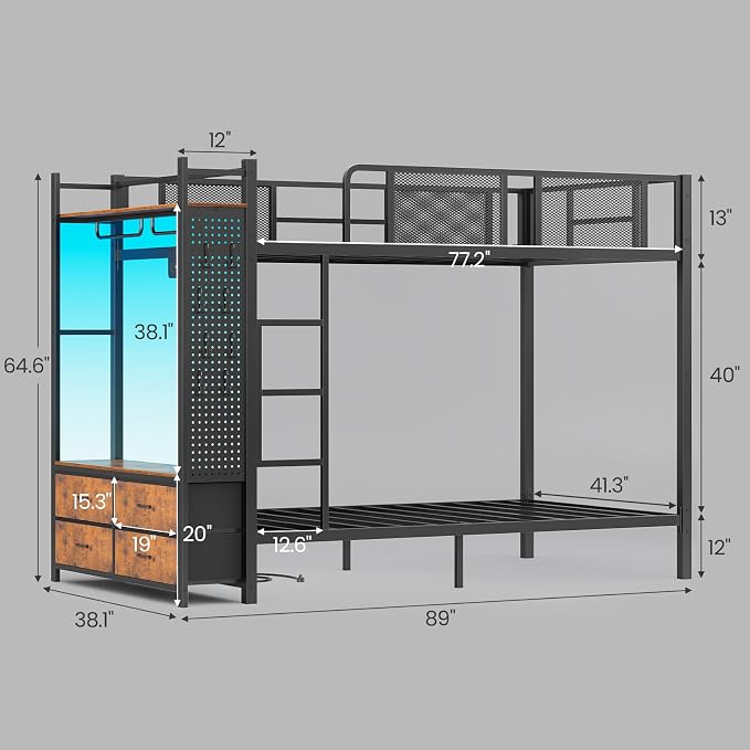 Itaar Metal Bunk Bed Twin Over Twin with Hall Tree, Power Outlet, LED Bunk Bed with 4 Storage Drawers, Bed with Safety Guardrail & Ladders, No Box Spring Needed, Easy Assembly, Rustic Brown