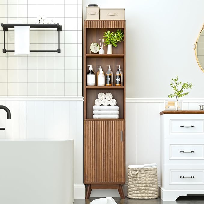 Bifins 68" Tall Walnut Bathroom Storage Cabinet,15.7" Width | Narrow,Fluted Door,Adjustable Shelf,5 Tier,Next to Toilet,Next to TV Stand,Laundry Storage,Space Saving,Tower Storage