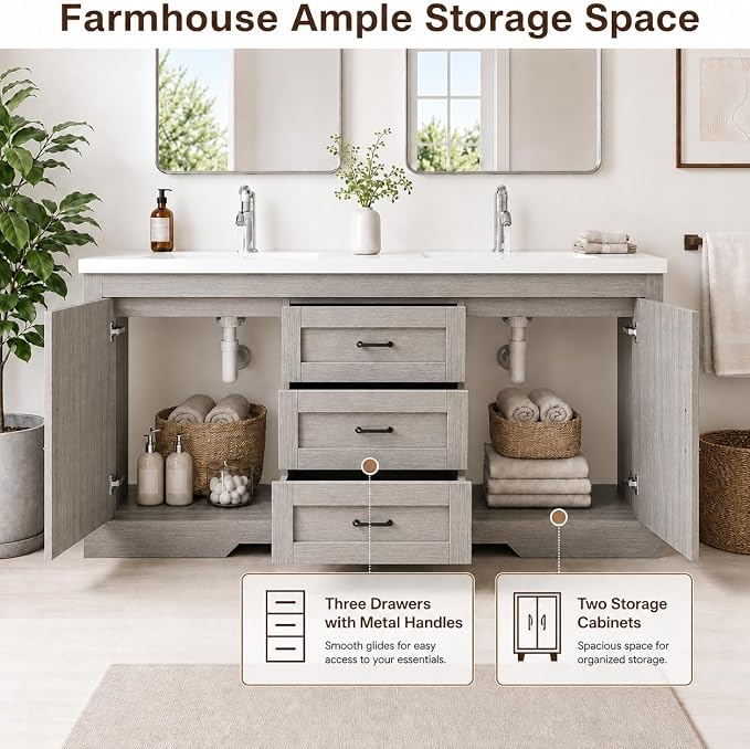 Cushore Double Sink Bathroom Vanity, 60 Inch Bathroom Vanity Double Sink with 2 Farmhouse Barn Doors & 3 Drawers, Dual Rounded Basins, Bathroom Vanity Sink Cabinet, Gray