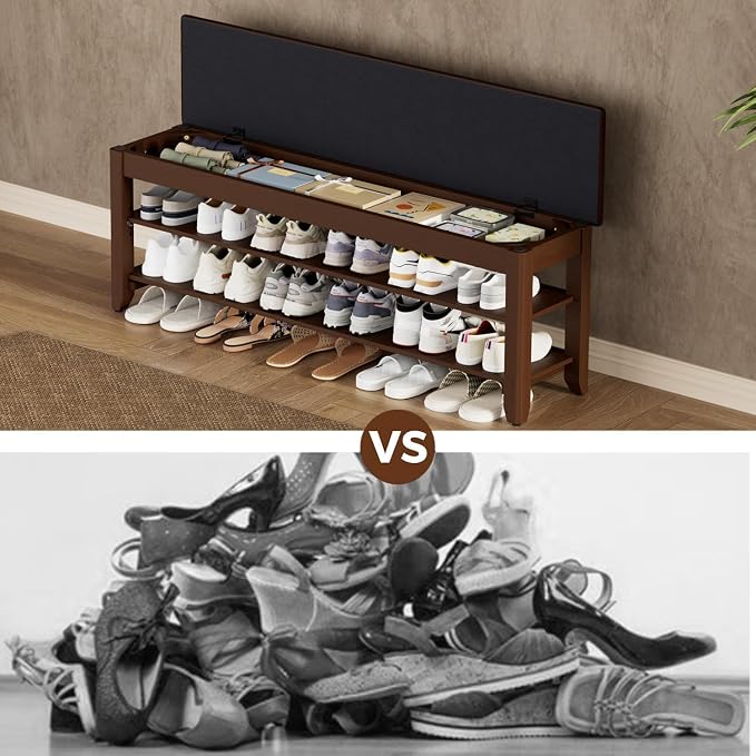 Homleke 47.2" Wide Solid Wood Shoe Rack Bench with Flip-Top Storage