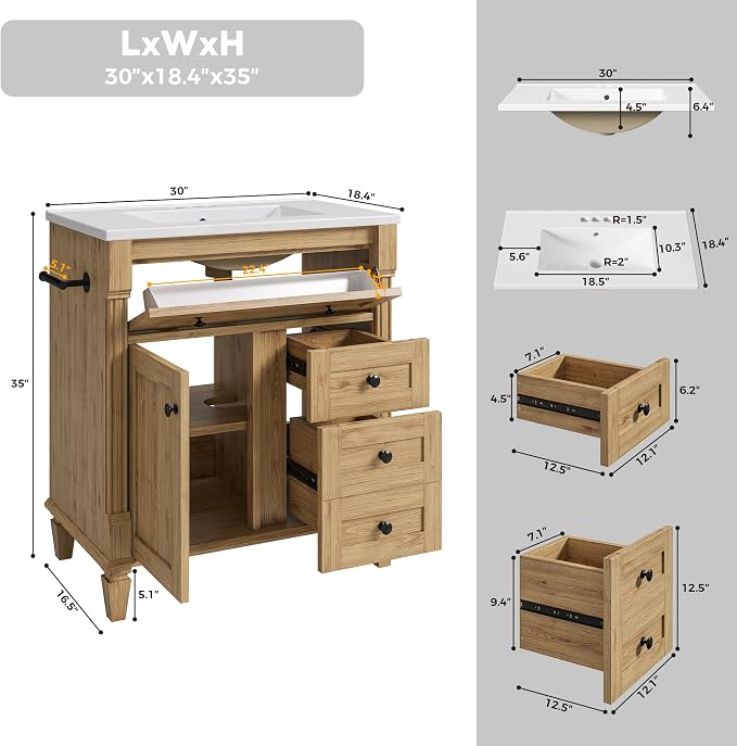 LIKIMIO 30 Inch Bathroom Vanity with Sink, Adjustable Solid Wood Legs | Modern Bathroom Storage Cabinet with Towel Holder, Tip-Out Drawer, 2 Drawers & Adjustable Shelf, Nature