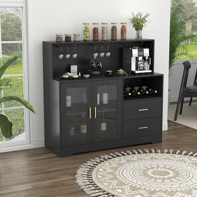 Bar Cabinet for Home with LED Light,Coffee Bar Cabinet w/ Wine & Glass Rack