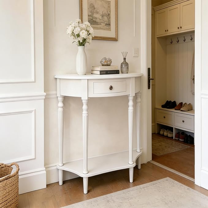 Half Moon Console Table Solid Wood Vintage Entryway Table with Storage Drawer Small Hallway Table for Entryway Half Round Foyer Tables Walnut Entry Way Tables For Entrance(White, W-31.5")
