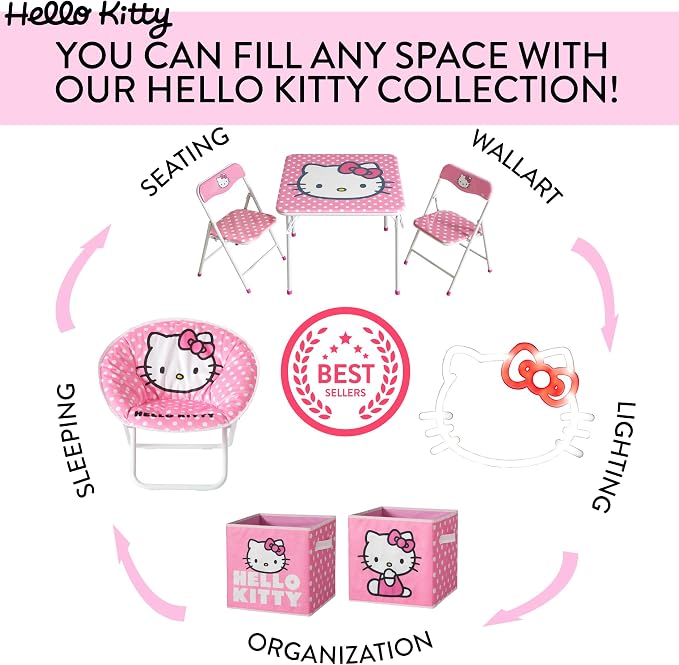 Hello Kitty Kids Activity Table and Chair Set, 3-Piece Square Table with 2 Folding Chairs, Sanrio Character Design,Furniture Set for Ages 3+