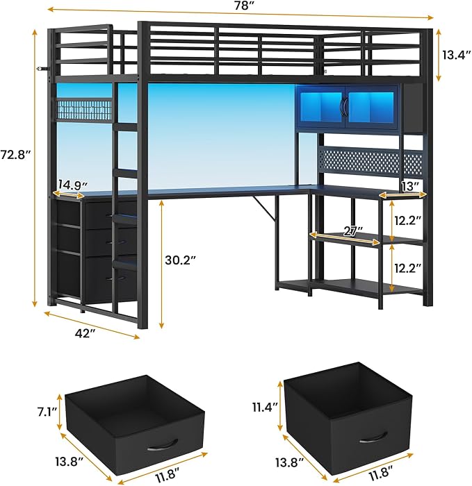 ADORNEVE Twin Size Loft Bed with Gaming Desk, RGB Hutch, Black