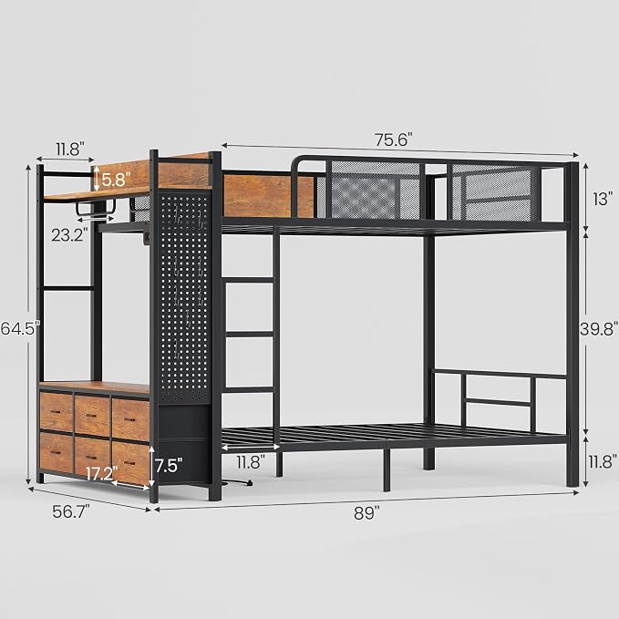 Itaar Metal Bunk Bed Full Over Full with Hall Tree, Power Outlet, LED Bunk Bed with 6 Storage Drawers, Bed with 13‘’ Safety Guardrail & Ladders for Kids and Teen, 400lb Weight Capacity, Rustic Brown