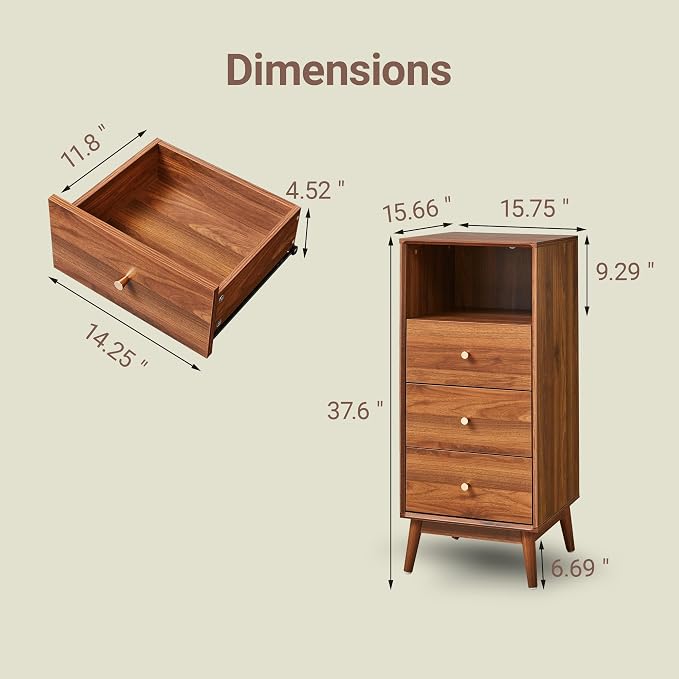 Bifins 37.6“ Tall Bathroom Cabinet with 3 Drawers and Open Shelf | Narrow,Tower Storage,Beside Toilet,Next to the Toilet,Laundry,Tall Nightstand,Next to TV Stand,Anti-tip