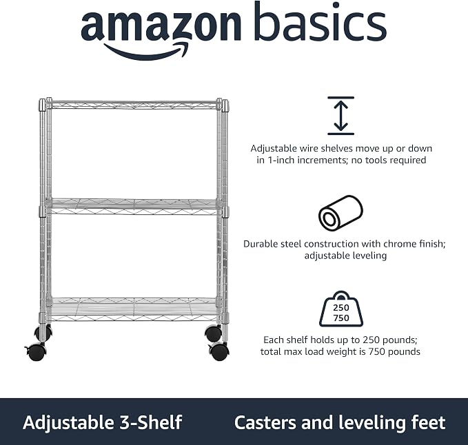 Amazon Basics 3-Shelf Heavy Duty Adjustable Wire Shelving Storage Rack on 2" PP Plastic Wheel Casters, Steel Utility Shelving Unit for Garage and Laundry Room, 23.2" x 13.4" x 32.75", Chrome