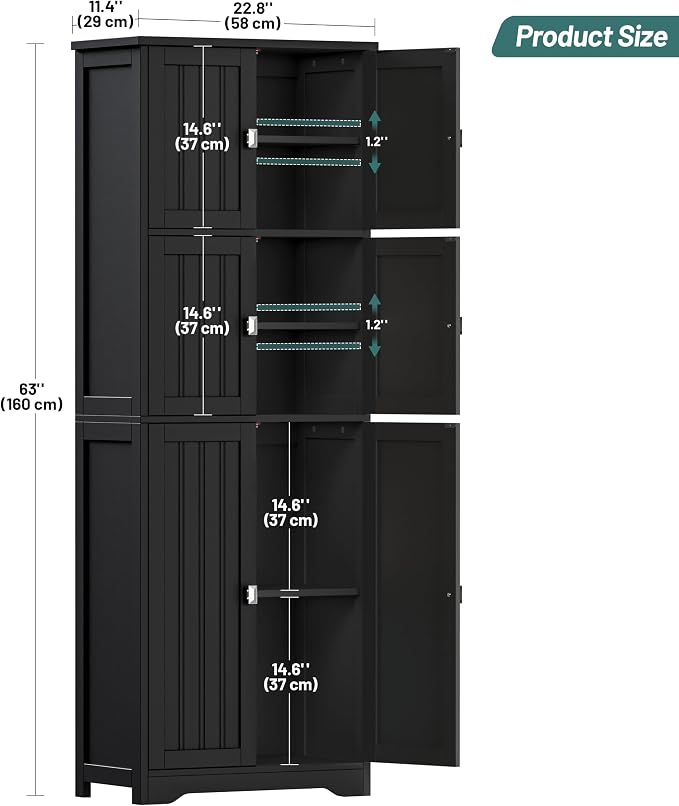 Tall Bathroom Storage Cabinet, 63" H Linen Floor Cabinet | Pantry Storage Cabinet with 6 Doors and Adjustable Shelves, for Bathroom, Living Room, Laundry Room, Kitchen, Black