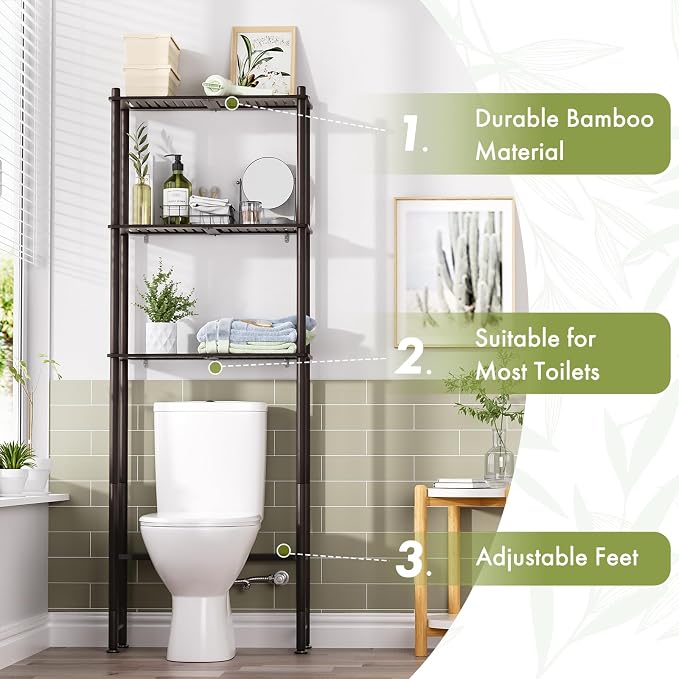 AmazerBath Bamboo Over The Toilet Storage Shelf, 3-Tier Over Toilet Bathroom Organizer Rack, Bathroom Shelves Over Toilet, Space Saver, Espresso
