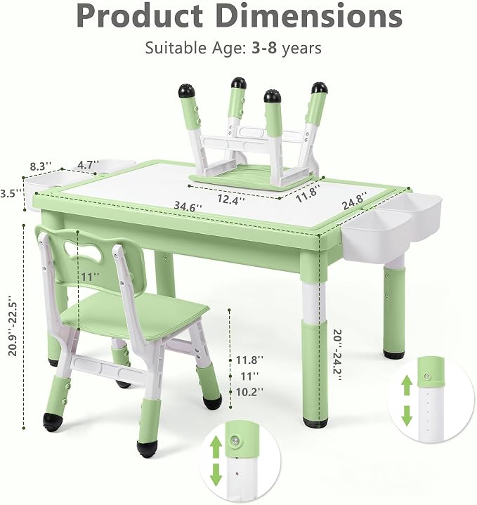 Kinder King Kids Table & 2 Chairs Set, Adjustable Heights, Storage, Green