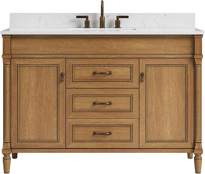 48 Inch Bathroom Vanity with Sink Combo, Light Walnut | Classic Cabinet with Countertop & Backsplash, Solid Wood Frame with Soft Closing Doors & 3 Dovetail Drawers, Ceramic Sink