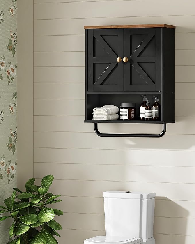 CHOEZON Bathroom Wall Cabinet, Medicine Cabinet with Open Partition and Towel Bar, Rustic Storage Cabinet with Open and Hidden Storage Space, for Bathroom, Living Room, Kitchen, Black and Walnut