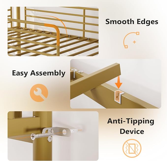 Bonnlo Metal Bunk Bed Frame Twin Over Twin with 2 Drawers, LED Lights, Safety Guardrail & Ladder, Charging Station, for Kids, Teens & Adults, Space-Saving, No Box Spring Needed, Gold