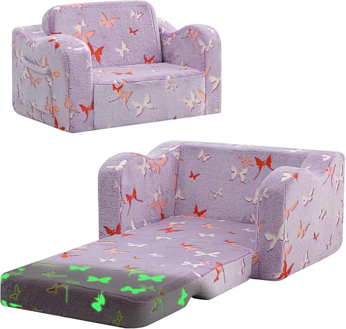 MeMoreCool Kids Couch, Glow Dark Butterfly Fold Out Sofa, Girls, Lavender