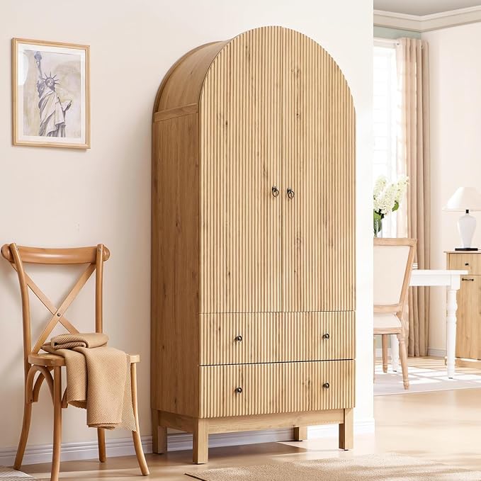 IFGET Fluted Arched Pantry Cabinet, 71" Tall Kitchen Storage Pantry Cabinet with Adjustable Shelves and 2 Large Drawers, Freestanding Morden Versatile Cupboard for Living Room, Bathroom, Natrual