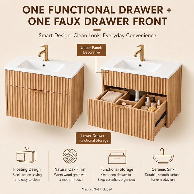VINGLI 24 Inch Floating Bathroom Vanity with Sink, Wall-Mounted Natural Oak Cabinet with Fluted Drawer, Full-Extension Storage and Gold-Tone Handle
