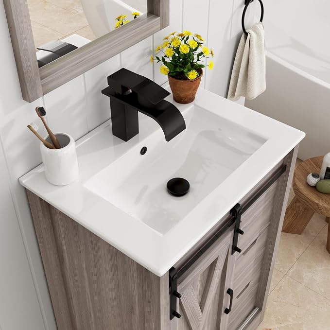 chartustriable 24 Inch Bathroom Vanity with Sink & Faucet & Mirror, Farmhouse Bathroom Vanity Cabinet Set with Sliding Barn Door & Drawers, Small Single Bath Storage Vanity Sink, Grey