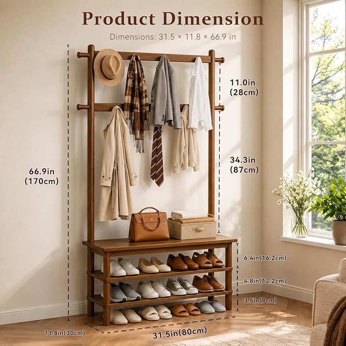 Solid Wood Hall Tree with Bench, Shoe Rack & 11 Hooks 35.0''