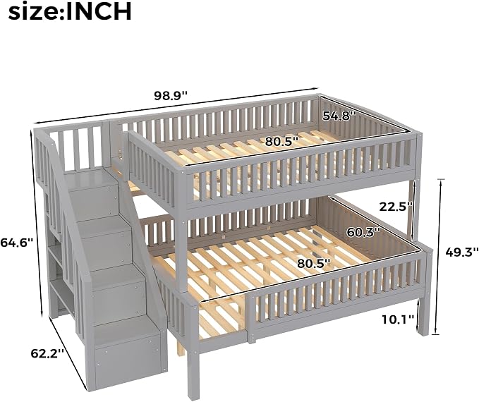 LUMISOL Full XL Over Queen Bunk Bed with Stairs, Solid Wood Bunk Bed Frame with LED Light and Bookshelf, Gray
