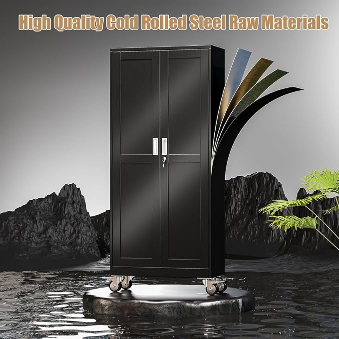 47" Metal Garage Storage Locker Cabinet with Wheels,Rolling Black Kitchen Pantry Cabinet with 2 Doors and 3 Adjustable Shelves, Steel File Tool Cabinet for Home Office Living Dinning Room Warehouse