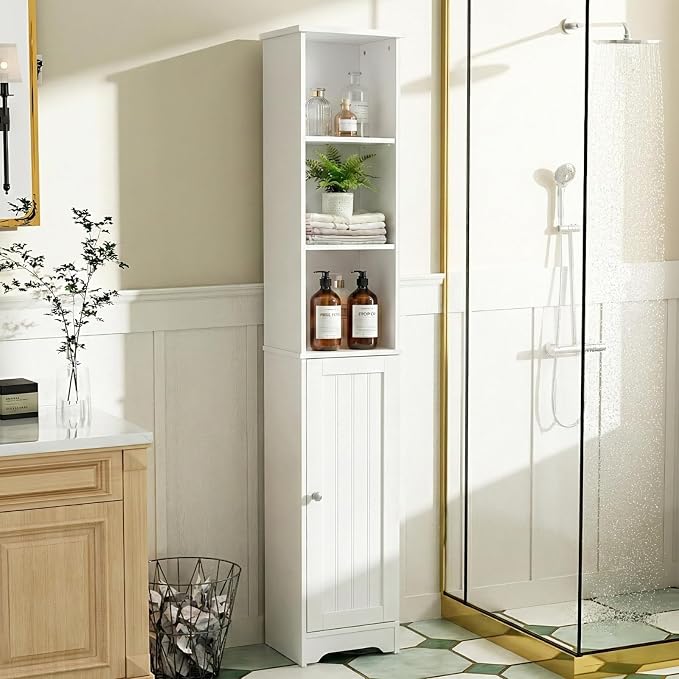 Bonnlo Narrow Cabinet, 67" Tall Slim Bathroom Storage Cabinet 12" Wide White Skinny Linen Cabinet with 3 Open Shelves Single Door Adjustable Shelf Space Saving Corner Pantry