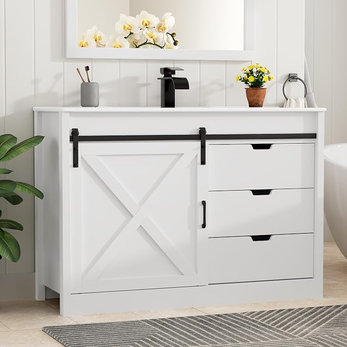 chartustriable 47 Inch Bathroom Vanity with Sink & Faucet & Mirror, Farmhouse Bathroom Vanity Cabinet Set with Sliding Barn Door & Drawers, Large Single Bath Storage Vanity Sink, White