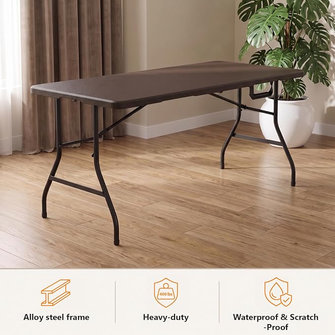 5 Foot Folding Table, Fold-in-Half Utility Table with Carrying Handle, 5FT Heavy Duty Portable Table for Party, Wedding, Picnic, Camping, Indoor & Outdoor, Brown