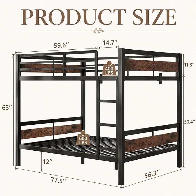 Feonase Metal Bunk Bed Full Over Full with Ladder and High Guardrail, Heavy-Duty Metal Slats Support, Noise Free, No Box Spring Needed, for Kids and Juniors, Vintage