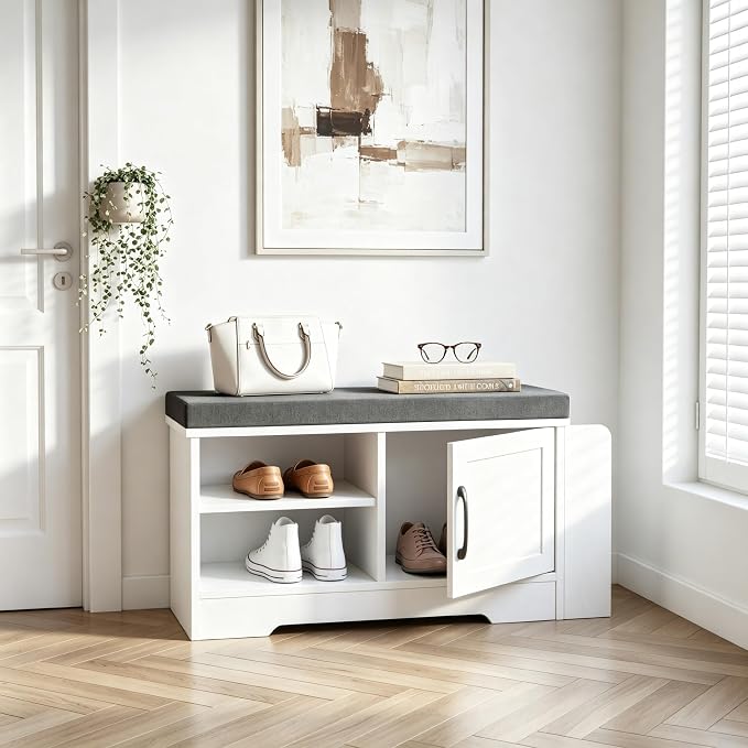Farmhouse Shoe Storage Bench with 3-in-1 Entryway Storage & Padded Seat