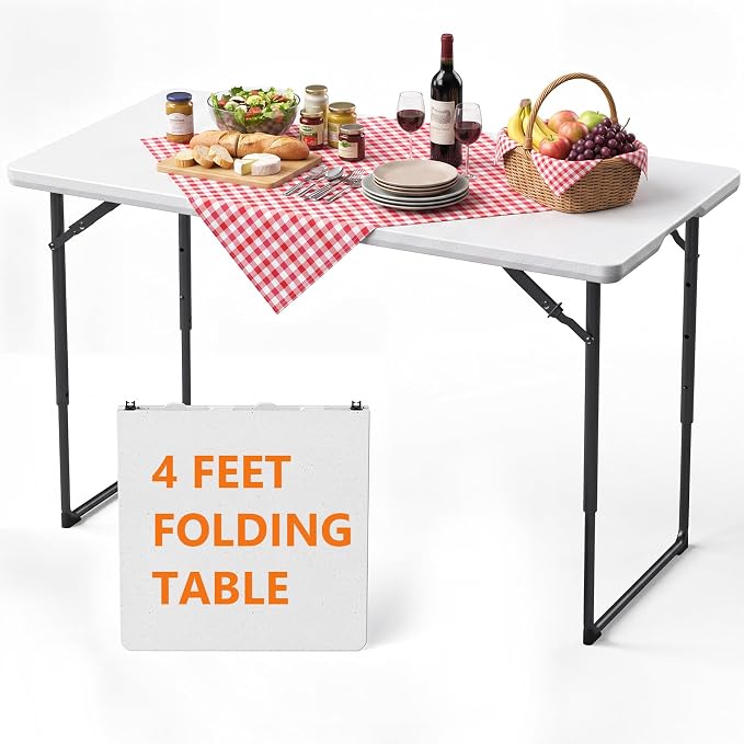 4 Foot Folding Table, Portable Fold-in-Half Utility Table [Adjustable Height with Carrying Handle][4FT Heavy Duty] for Party, Wedding, Picnic, Camping, Indoor & Outdoor, White